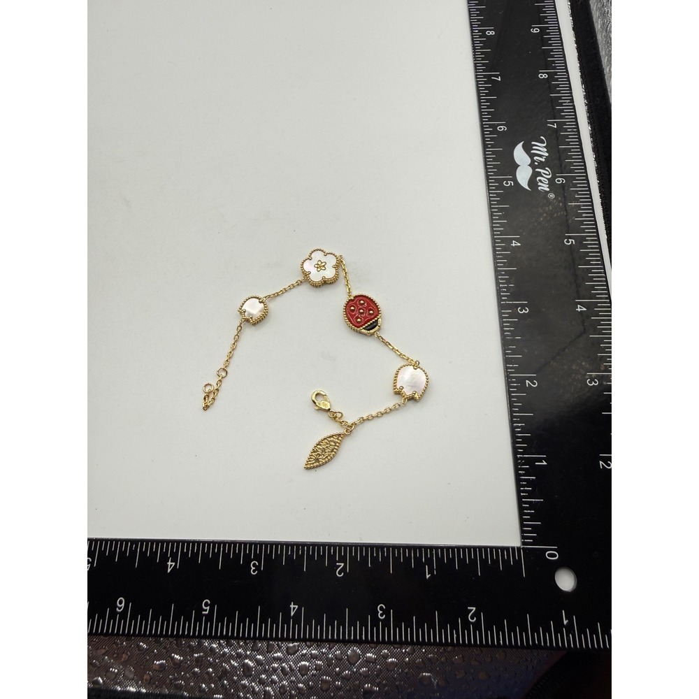 Gold Tone Ladybug Flower Mother of Pearl Style Charm Bracelet Red White Enamel - Picture 2 of 3